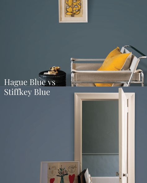 Hague Blue vs Stiffkey Blue - Which Farrow & Ball Blue Shade? 1 Farrow And Ball Stiffkey Blue Bedroom, Hauge Blue Paint Farrow And Ball, Stiffkey Blue Bedroom, Smokey Blue Paint, Farrow Ball Blue, Stifkey Blue, Blue Room Paint, Different Blue Shades, French Blue Paint