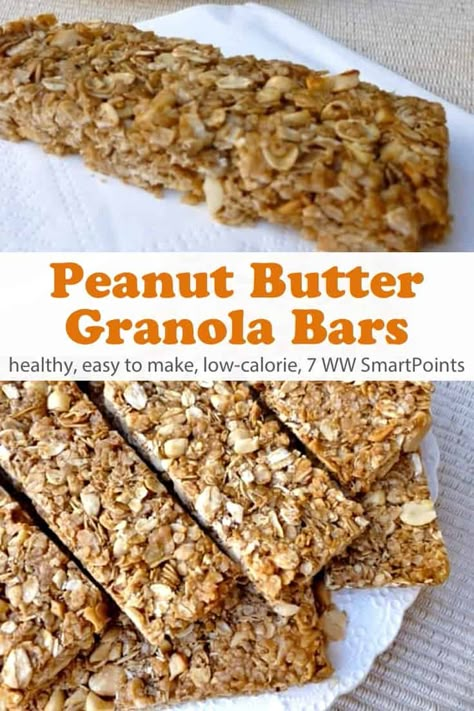 Packed with real oats, honey, chopped peanuts, and peanut butter, these Crunchy Peanut Butter Granola Bars are like Nature Valley peanut butter crunchy granola bars, only better - just 170 calories and 7 Weight Watchers Freestyle SmartPoints! #simplenourishedliving #weightwatchers #wwfamily #wwsisterhood #ww #easyhealthyrecipes #smartpoints #wwfreestyle #wwsmartpoints #becauseitworks #beyondthescale Low Calorie Granola Bars, Peanut Butter Granola Bar Recipe, Low Cal Vegan, Low Calorie Granola, Low Calorie Peanut Butter, Granola Calories, Homemade Granola Bar Recipe, Peanut Butter Granola Bars, Granola Recipe Healthy