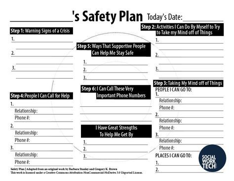 A picture of the English version of the safety Plan. See PDF for readable version Group Therapy Ideas, Social Work Activities, Safety Plan, School Social Worker, Clinical Social Work, School Social Work, Mental Health Counseling, Therapeutic Activities, Counseling Activities