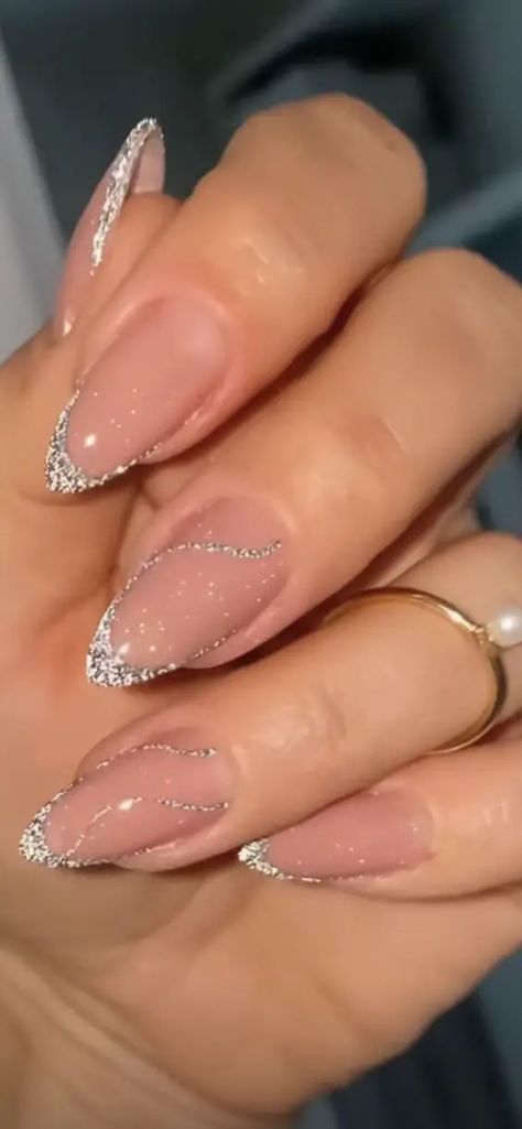 New Years Nails Acrylic Almond, Simple New Years Eve Nails, Silver Homecoming Nails, Sparkly French Tip Acrylic Nails, Coffin Silver Nails, New Years Nail Designs Glitter, Sparkly Summer Nails, Winter Formal Nails, Homecoming Nail Ideas