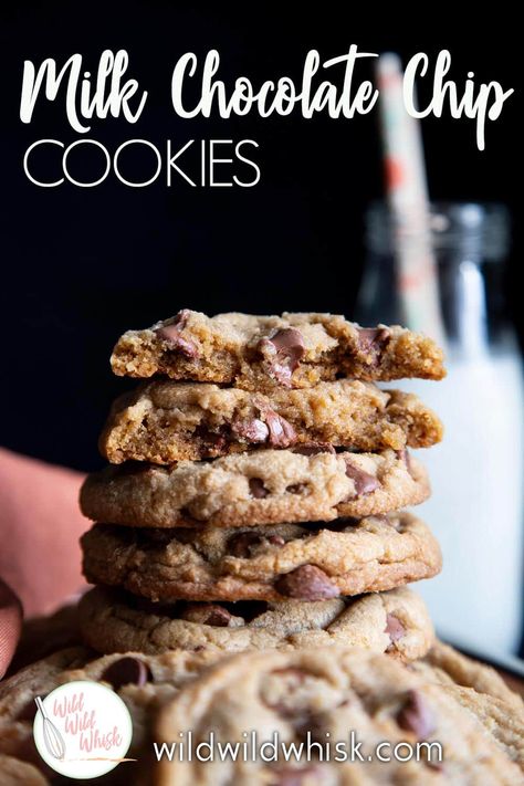 Milk Chocolate Chip Cookies are the perfect classic chocolate chip cookies made just a little sweeter with milk chocolate instead. These amazing cookies are gooey in the middle, crispy on the edges and so satisfyingly chewy! The milk chocolate chips give them a milder and sweeter taste that sets them apart from a classic chocolate chip cookie recipe. #wildwildwhisk #chocolatechipcookies #milkchocolatechipcookies Milk Chocolate Cookies Recipes, Classic Chocolate Chip Cookies Recipe, Walnut Cookie Recipes, Chocolate Chip Walnut Cookies, Classic Chocolate Chip Cookies, Milk Chocolate Chip Cookies, Cinnamon Roll Cookies, Amazing Cookies, Buttery Shortbread Cookies