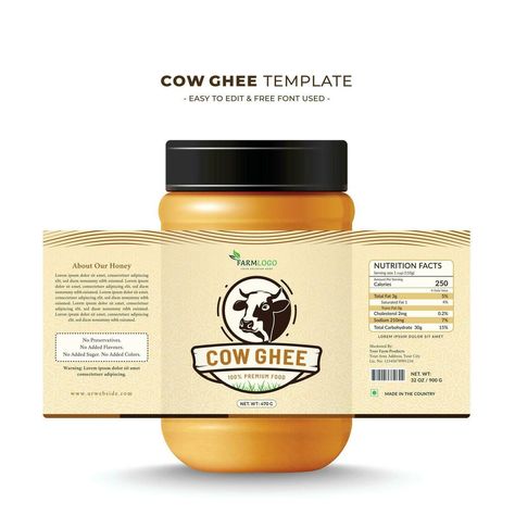 Ghee Packaging Design, Organic Ghee, Cow Ghee, Butter Milk, How To Make Labels, Milk Cream, Cow Head, Natural Design, Design Sticker