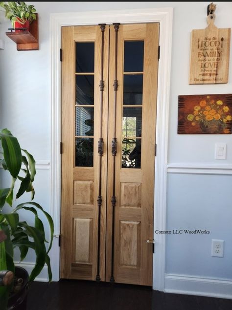 Narrow Double Doors Entrance, Antique Door For Pantry, Small Double Doors Interior, Single Pantry Door, Indoor Double Doors, Panty Door Ideas, Folding Pantry Doors, Wooden Pantry Door, Glass Pantry Door Ideas