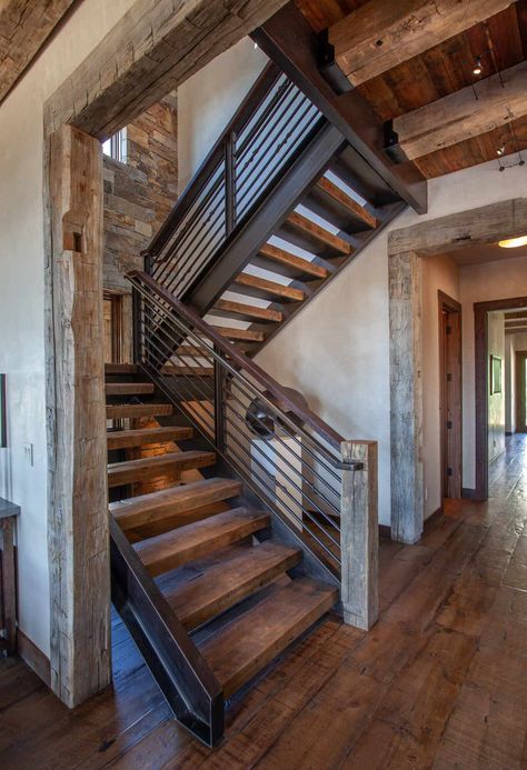 A beautiful Rocky Mountain home with a modern rustic farmhouse feel Rustic Staircase, Rustic Stairs, House Staircase, Modern Rustic Farmhouse, Timber Frame Construction, Open Staircase, Wood Staircase, House Stairs, Barn House Plans