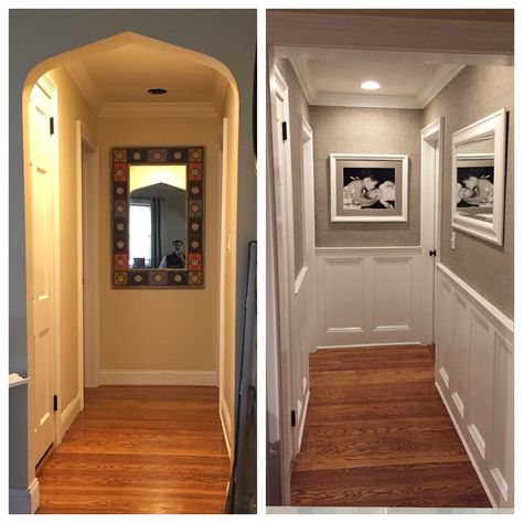 Hallway before and after Decorating Dark Hallway, Brighten A Hallway, Foyer Narrow, Hallway Makeover Before And After, Hallway Before And After, Hallway Makeover, Narrow Hallway Decorating, Upstairs Hallway, Hallway Design