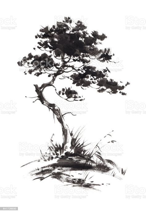 Japanese Ink Painting, Japanese Tree, Sumi E Painting, Japanese Watercolor, Chinese Art Painting, Japanese Drawings, Tree Sketches, Japanese Art Prints, Landscape Sketch