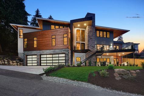 Modern Pnw Home, Pnw Lifestyle, Modern Home Exterior Design, Modern Home Exterior, Home Exterior Design, Seattle Homes, Stone Look Tile, Home Exterior, Barn Style House