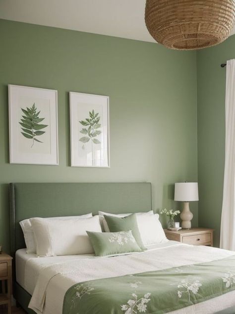 23 Relaxed Sage Green Bedroom Ideas To Recreate - She Be Thriving Light Green Accent Wall, Light Green Rooms, Room Color Ideas Bedroom, Green Room Ideas Bedroom, Light Green Bedrooms, Green And White Bedroom, Green Accent Wall, Green Bedroom Walls, Home Wall Colour