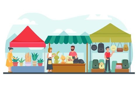 Flea market concept illustration | Free Vector #Freepik #freevector #fashion #clothes #flat #illustrations Flea Market Illustration, Shopping Cart Logo, Supermarket Logo, Cart Logo, Standee Design, Fruit Shop, Flat Icons Set, Online Logo Design, Concept Illustration