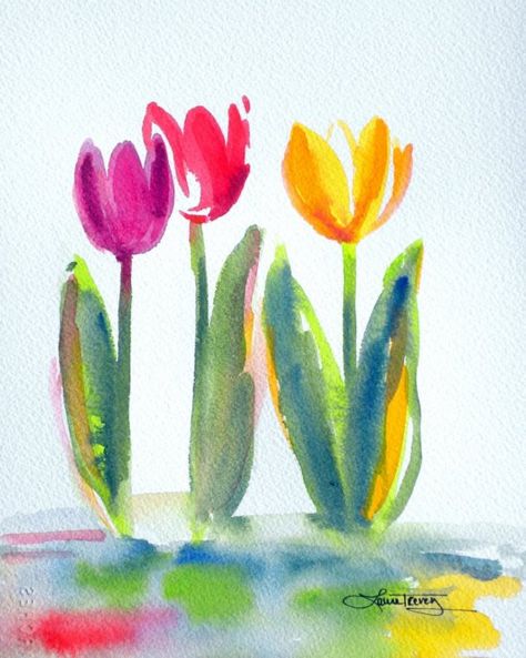 First Watercolor Painting, Watercolor Tulips Easy, Spring Watercolor Painting, Watercolour Tulips, Simple Watercolor Flowers, Watercolor Painting For Beginners, Spring Watercolor, Watercolor Tulips, Watercolor Paintings For Beginners