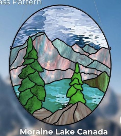 Mountain Stained Glass Patterns, Stained Glass Mountain Scene, Moraine Lake Canada, Diy Stained Glass Window, Glass Trees, Stained Glass Quilt, Glass Window Art, Stained Glass Pattern, Glass Diy