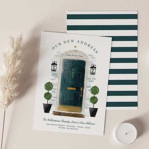 Hunter Green Front Door, Watercolor Door, Moving Announcement Postcard, Green Front Doors, New House Announcement, Moving Announcement, Black Outdoor Wall Lights, Quirky Illustration, Moving Announcements