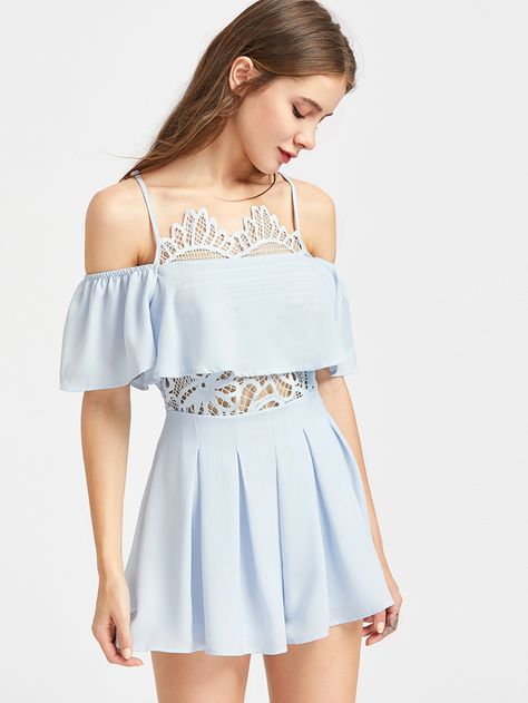 Shop Cold Shoulder Lace Insert Frill Playsuit online. SheIn offers Cold Shoulder Lace Insert Frill Playsuit & more to fit your fashionable needs. Cold Shoulder Styles, Cold Shoulder Lace, Light Dress, Lace Romper, Lace Insert, Formal Style, Groom Dress, Blue Lace, Playsuit