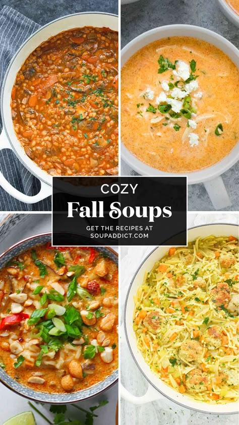 Collage of soup photos. Creamy Soups For Fall, Best Fall Soups, Healthy Hearty Soup, Panera Autumn Squash Soup, Potato And Sausage, Chicken Chili Soup, Pumpkin Bisque, Cozy Fall Recipes, Creamy Pumpkin Soup