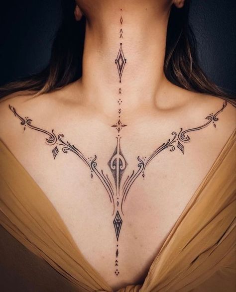 40+ Sternum Tattoo Designs: A Guide To Mandala, Sunflower & More Chest Neck Tattoo, Sternum Tattoo Design, Symmetrical Tattoo, Necklace Tattoo, Neck Tattoos Women, Chest Tattoos For Women, Chest Piece Tattoos, Sternum Tattoo, Collar Bone Tattoo