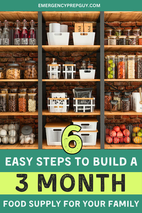 Organized pantry shelves filled with various food items stored in jars and containers, emphasizing food supply, food storage, prepper, emergency preparedness, and emergency food. Pantry Prepping Emergency Preparedness, Diy Emergency Food Supply, 6 Month Emergency Food Supply List, 3 Month Food Storage Plan, Food Emergency Preparedness, Food For Emergency Kit, Basic Prepper List, 3 Month Emergency Food Supply List, Best Food Storage Items