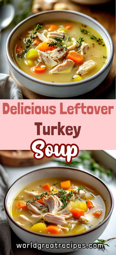 Looking for a tasty way to use leftover turkey? Try this delicious turkey soup recipe that’s perfect for the whole family! With savory broth, shredded turkey, and a mix of vegetables, this dish is the ultimate comfort food. It’s easy to make, filling, and packed with flavor, making it the perfect way to enjoy your leftover turkey after a big feast. Reheat, enjoy, and savor each bite! Pioneer Woman Leftover Turkey Soup, Leftover Thanksgiving Soup Recipes, Turkey Potato Soup Recipes, Uses For Leftover Turkey, Turkey Leftovers Soup, Leftover Shredded Turkey Recipes, Leftover Turkey Soup Recipes Easy, Leftover Turkey Carcass Soup, Leftover Turkey Soup Crockpot