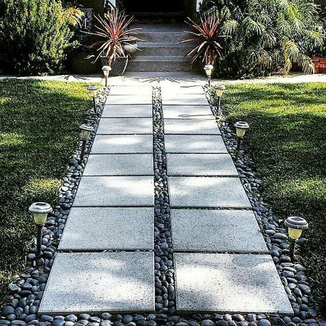 River Rock And Paver Walkway, Rock And Stone Walkway, Rock And Paver Walkway, Walkway With Pavers And Rock, Walk Ways To Front Door Pathways, Diy Front Walkway, Walk Path Ideas Front Yards, Rock Walkways Paths, Pebble Walkway Pathways