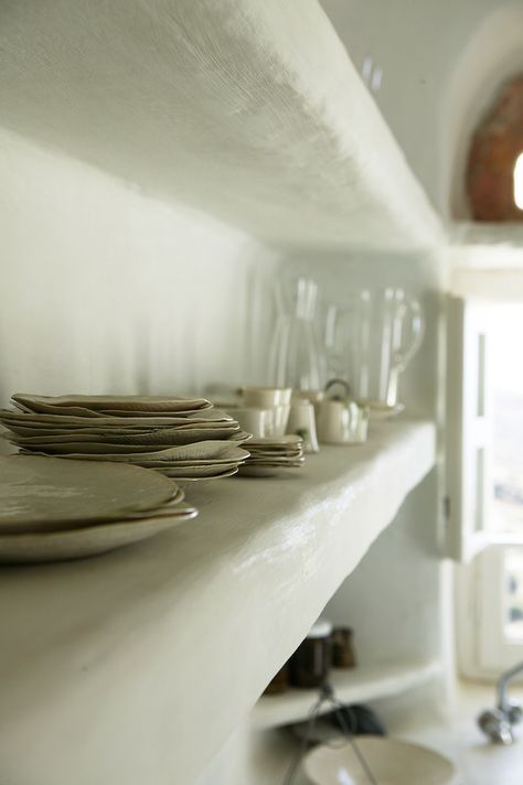 Home - Decor - Accents and Accessories - love these textured shelves....would look great on either side of a fireplace, in a bedroom, even in a closet! Greek House, Interior Vintage, Rustic Modern Kitchen, Open Kitchen Shelves, Cob House, Island Decor, Interior Modern, Trendy Kitchen, Greek Island