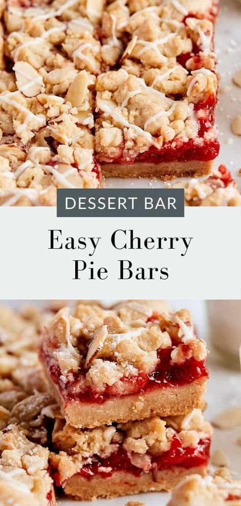 Bright and buttery cherry pie bars made with canned cherry pie filling! Make these easy and sweet dessert bars when you crave cherry pie. Cherry Bars For A Crowd Recipe, Christmas Cherry Bars Cooktop Cove, Cherry Pie Crumble Bars, Recipes With Cherry Pie Filling Easy Desserts, Things To Do With Cherry Pie Filling, Easy Cherry Bars, Recipes Using Cherry Preserves, Easy Pie Filling Desserts, Cake Mix Cherry Pie Bars