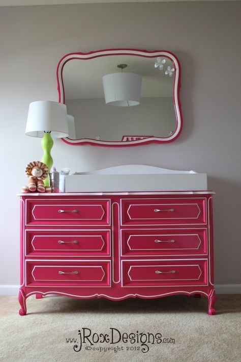 FABULOUS french dresser #DIY before and after, Its so awesome how it turned out, see the before picture! Pink Painted Dresser, Pink Dresser, Changing Table Dresser, Diy Nursery, Diy Dresser, Painted Dresser, Dresser Makeover, Big Girl Rooms, Modern Diy