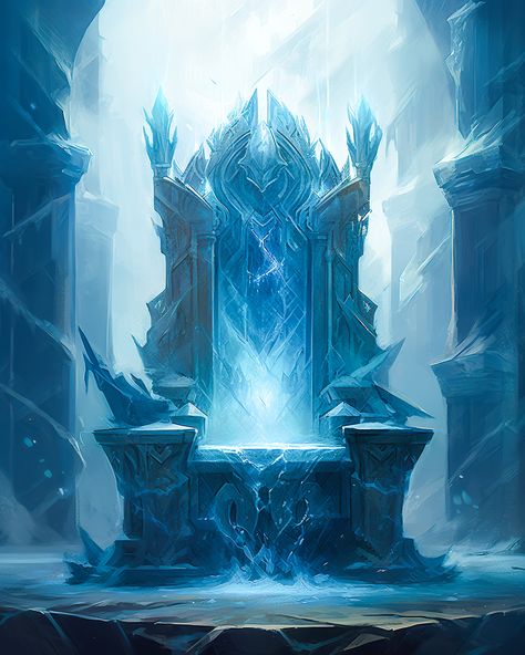 Fantasy concept art created with Midjourney v5. Ice Prison Fantasy Art, Ice Power Concept Art, Cold Kingdom Aesthetic, Crystal Throne Fantasy Art, Ice Planet Concept Art, Snow Kingdom Fantasy Art, Ice Castle Fantasy Art, Ice City Fantasy Art, Ice King Fantasy Art