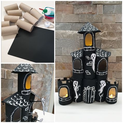 LAVORETTI PER HALLOWEEN: LA CASA STREGATA CON I ROTOLI DI CARTA 3 D - Bimbi Creativi Halloween Toddler Party, Alice Halloween, Halloween Party Activities, Bricolage Halloween, Casa Halloween, Halloween Tutorial, Anniversaire Harry Potter, Easy Halloween Decorations, Zucca Halloween