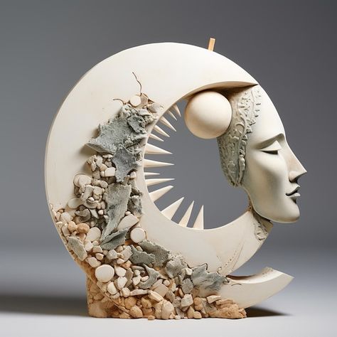 Goddess Clay Sculpture, Clay Moon Face, Sun And Moon Sculpture, Moon Sculptures & Statues, Moon Sculpture, Goddess Sculpture, Sculpture Ideas, Triple Moon, Modern Pottery