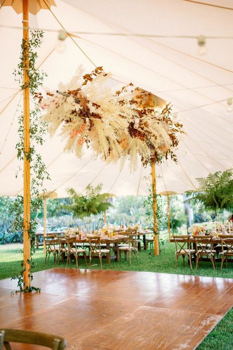 Dance Floor Chandelier, Pampas Grass Chandelier, Backyard Wedding Dance Floor, Floor Chandelier, Hanging Flowers Wedding, Wedding Dance Floor, Backyard Reception, Peach Palette, Dance Floor Wedding