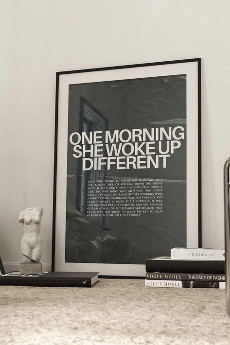 Redefine your space with our trendsetting "One Morning She Woke Up Different" wall art, perfect for those who appreciate a black and white aesthetic and a nod to female empowerment. This feminist print showcases captivating typography graphic art with an empowering quote, making it an ideal addition to any modern decor setting, be it in your office or apartment. Whether you're treating yourself or searching for a thoughtful divorce gift for a friend, this empowering wall art is sure to spark ins One Day She Woke Up Different, Black And White Aesthetic Prints, Empowered Woman Aesthetic, Black Empowerment Art, She Woke Up Different, Woke Up, Bathroom Artwork Ideas, Art On Wall, Wall Art For Office