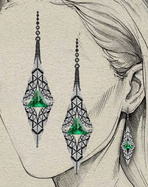 Art Deco Jewelry Design, Art Deco Inspired Jewelry, Art Deco Jewellery Design, Jewelry Portfolio, Jewel Drawing, Chandelier Earring, Girl Face Drawing, Jewelry Rendering, Diamond Chandelier Earrings