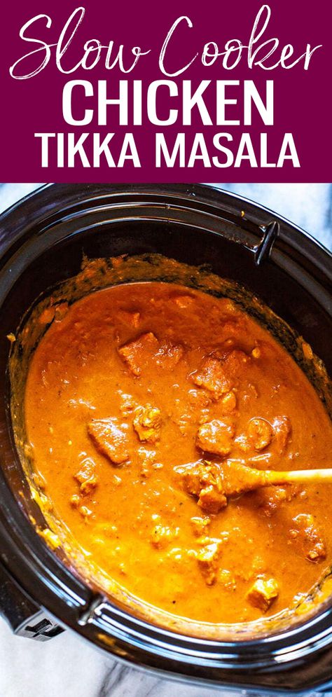 Slow Cooker Chicken Tikka Masala is a delicious, healthy way to enjoy Indian cuisine, and it cooks all day on low so you can enjoy a tasty curry after a long day without all the legwork! #slowcooker #chicken #tikkamasala Slow Cooker Chicken Tika Massala, Crockpot Tiki Masala, Tikki Marsala Chicken Crockpot, Tiki Marsala Chicken Crock Pot, Indian Tika Marsala, Chicken Tika Crockpot, Chicken Tiki Masala Crockpot, Homemade Chicken Tikka Masala, Chicken Tikka Marsala