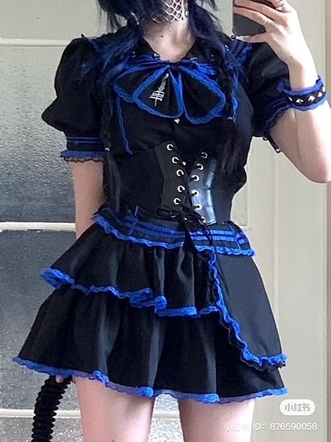 Blue Alternative Outfit, Blue Goth Outfits, Cute Goth Outfits, Goth Dresses, Cute Goth, Alt Outfits, Drawing Anime Clothes, Japanese School, Goth Dress