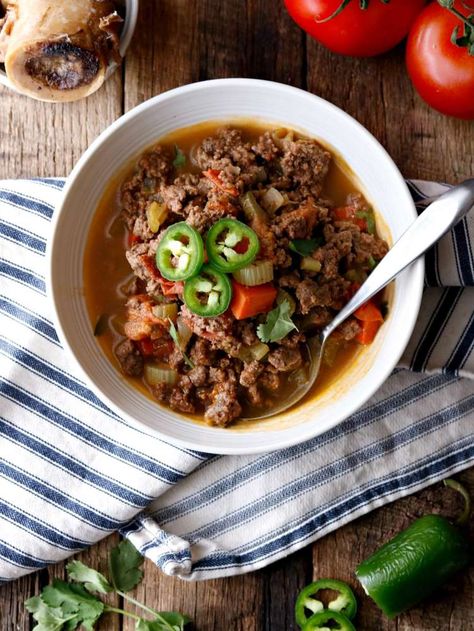 This post was written by Jennafer Ashley of PaleoHacks.  PaleoHacks is a top source for amazing Paleo recipes, fitness tips, and wellness advice to help you live life to the fullest. Full of gut healing, immune-boosting bone broth, this cozy bison chili is just what the doctor ordered. This extra-meaty chili is taken up a … Meaty Chili, Bison Chili, Bison Recipes, Ground Bison, Bone Broth Soup, Homemade Chilli, Broth Soup, Homemade Bone Broth, Beef Bone Broth