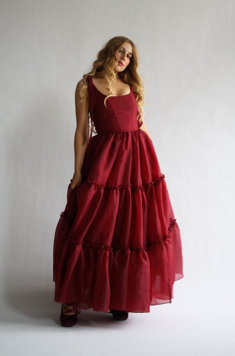 The Siena Collection – wildroseandsparrow Red Whimsical Dress, Red Formal Dress With Sleeves, Red Flowing Dress, Winter Formal Gown, Flattering Dresses For Curvy Women, Red Fantasy Dress, Corset Bodice Dress, 3 Tier Dress, Scarlet Red Dress