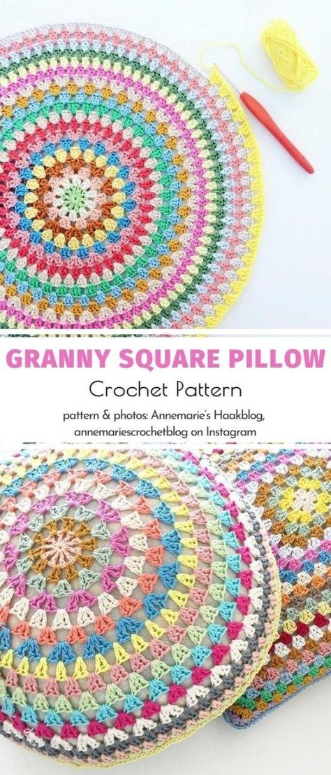 Granny makes the world go round and this project by Annemarie’s Haakblog certainly proves that! If you want to make the good old sofa pop, a set of colorful crochet pillow is just the thing for you. Can you believe that even beginners can easily learn how to make one?  #crochetpattern #grannystitch #pillow Round Crochet Pillow Patterns, Circular Pillow Crochet Pattern Free, Granny Square Crochet Pattern Pillow, Crochet Circle Pillow Pattern, Crochet Square Pillow, Granny Square Pillow Cover, Crochet Granny Square Pillow, Bedroom Crochet, Granny Circle