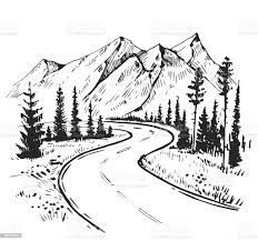 Sketch Of A Landscape With A Road And Mountains Hand Drawn Illustration Converted To Vector Stock Illustration - Download Image Now - iStock Road Drawing, Sketch Landscape, Mountain Sketch, Landscape Pencil Drawings, Nature Art Drawings, Mountain Drawing, Landscape Sketch, Perspective Art, Black And White Landscape