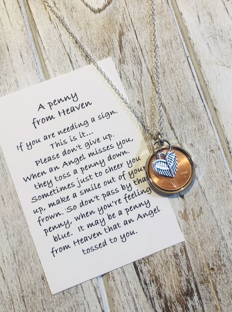 This sweet pennies from Heaven necklace is a perfect reminder that our loved ones send us signs from Heaven.... keep your pennies and journal about how you felt the day you found them. I also can personalize the poem card with any name or names instead of it saying Angel.... find me on Etsy @ https://etsy.me/2SbkchB Penny From Heaven, Penny Crafts, Horn Necklace Boho, Seed Cards, Memory Jewelry, Penny Jewelry, Heaven Poems, Penny Necklace, Pennies From Heaven