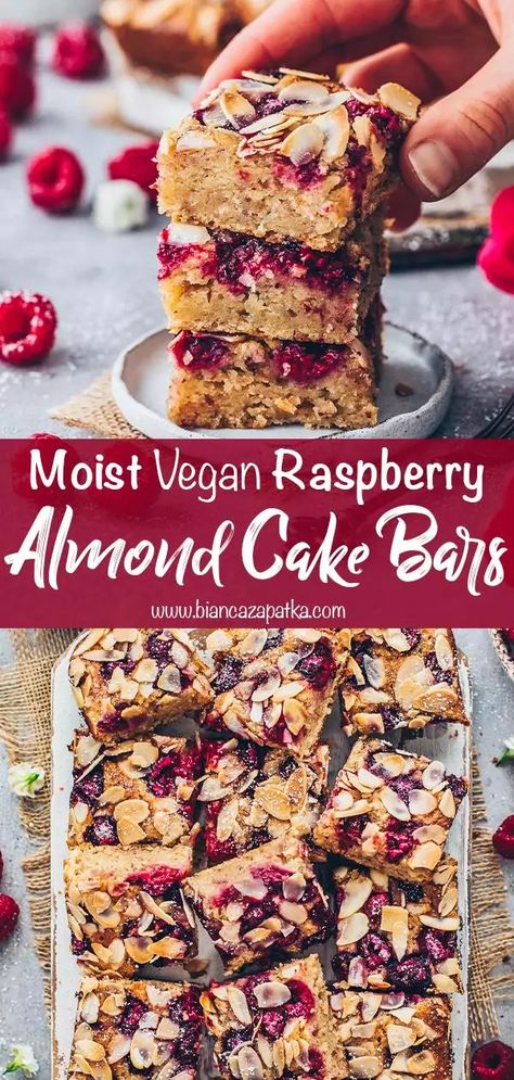 These vegan Raspberry Almond Bars may look like fruity blondies but are actually healthy, eggless, and dairy-free moist sheet cake cut in squares! The recipe is easy to make, highly customizable, and is brimming with sweet, tangy, and nutty flavors in every bite! #cake #bars #blondies #vegancake #almonds #raspberries #veganrecipes #recipes #food #vegan #baking #dessert #almondcake | biancazapatka.com Vegan Raspberry Bars, Vegan Squares And Bars Recipes, Vegan Traybake Recipes, Vegan Bars Recipe, Healthy Vegan Bars, Vegan Raspberry Cookies, Vegan Rasberry Deserts, Almond Flour Raspberry Cake, Raspberry Desserts Vegan