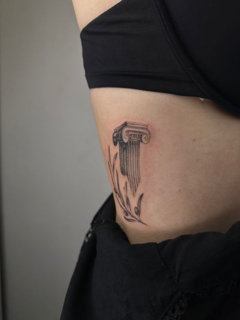 Classics Tattoos, Greek Column Tattoo, Tattoo Olive Branch, Column Tattoo, Tattoo Doodles, Greece Tattoo, Historical Tattoos, Feminine Things, Athena Tattoo