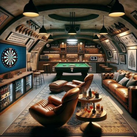 Step into your ultimate man cave – a luxurious space where style meets comfort. Whether it's a game of pool, a round of darts, or just unwinding with a drink, this decor sets the perfect mood for relaxation and entertainment #ManCave #HomeBar #LuxuryInteriors #GameRoom #InteriorDesign #HomeDecor #BarDesign #VintageStyle #MasculineDecor #ModernLuxury #HomeInspiration #UltimateManCave #PoolRoom #CigarLounge #DecorGoals Underground Man Cave, Gentleman Room Man Caves, Luxury Game Room Design, Billard Room Ideas, Vintage Man Cave Ideas, Man Cave Dart Board, Home Sports Bar, Bar Americano, Billiards Room Decor