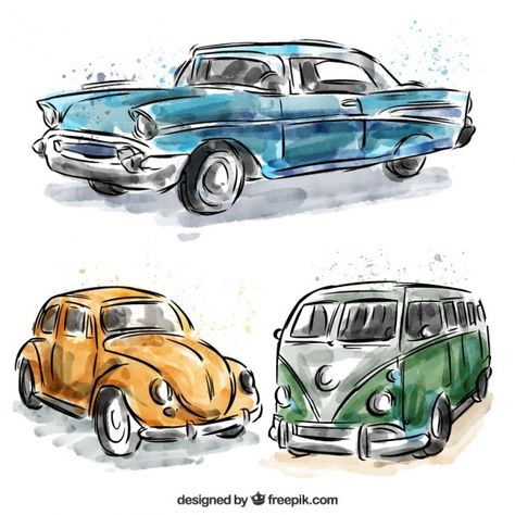 Car Drawing Pencil, Carros Retro, Carros Vintage, Retro Auto, Auto Vintage, Vw Art, Watercolor Vintage, Posca Art, Custom Painting