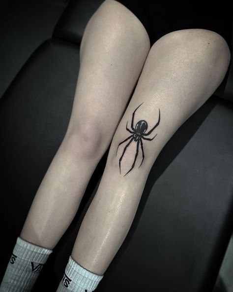 Spiderweb Tattoo Small, Spider Tattoo On Knee, Spider Nape Tattoo, Spider Tattoo For Women Leg, Spider Tattoo Symmetrical, Spider Knee Cap Tattoo, Spider Waist Tattoos, Goth Tattoo Forearm, Goth Scorpion Tattoo