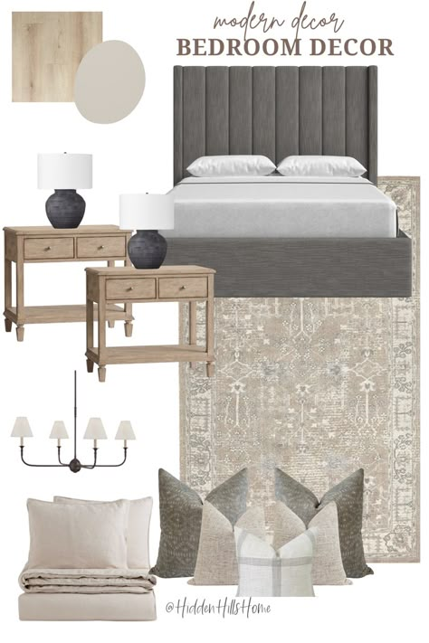 Modern classic bedroom mood board with dark gray upholstered bed and neutral complimentary tones throughout Grey Bed Bedding, Grey Bed White Furniture, Natural And Grey Bedroom, Neutral Bedroom Grey Headboard, Beige Bedroom Grey Bed, Grey Bed With Beige Bedding, Gray Tufted Headboard Bedroom Decor, Grey Bed With Wood Furniture, Grey Headboard Bedroom Modern