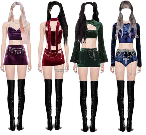 4 Member Stage Outfits, Kpop Stage Outfits Polyvore, Fake Kpop Group, Velvet Outfit, Dance Style Outfits, Heart Belt, Cosplay Lingerie, Kpop Concert Outfit, Belt Chain