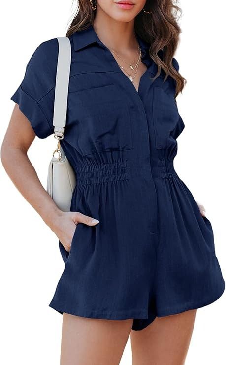 Amazon.com: Dokotoo Women's Summer Short Cuffed Sleeves Utility Rompers 2024 Button Down Casual Elegant One Piece Elegant Jumpsuit with Pocket Plus Size,Blue Small : Clothing, Shoes & Jewelry Trendy Date Night Outfit, Utility Romper, Womens Summer Shorts, Jumpsuit Elegant, One Piece Outfit, Overalls Women, Long Jumpsuits, Rompers Women, Summer Shorts