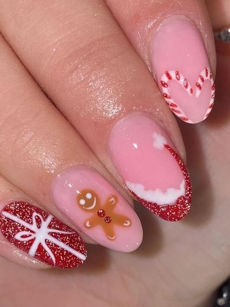 It can be anything, as long as it's holiday-themed! Nail Art Noel, Red Christmas Nails, Cute Christmas Nails, Christmas Nails Easy, Christmas Gel Nails, Girly Acrylic Nails, Seasonal Nails, Her Nails, Christmas Nails Acrylic