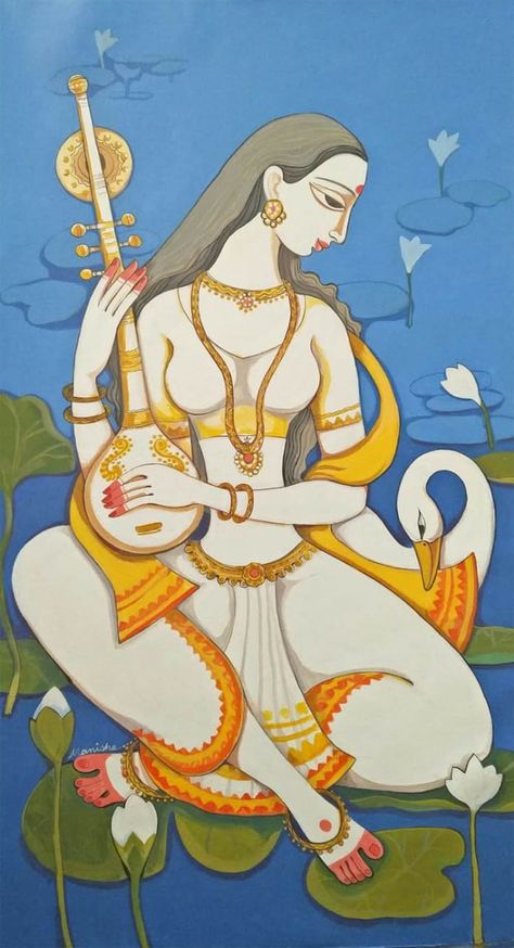 Goddess_Saraswati - Portrait/Figures Acrylic Painting | World Art Community Saraswati Painting, Gond Painting, Bengali Art, Durga Painting, Indian Art Gallery, Canvas Art Projects, Beautiful Art Paintings, Hinduism Art, Goddess Artwork