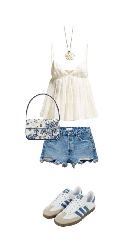 summer outfit inspo | cute fit | european summer | casual | stockholm style outfit | adidas shoes 🌟 Casual Patio Outfit, Blue And White Shorts Outfit, Everyday Outfits Shorts, Blue Samba Adidas Outfit, Outfit With Sambas, Summer Outfits Stockholm Style, Somba Outfits, Stockholm Summer Outfit, Stockholm Summer Style