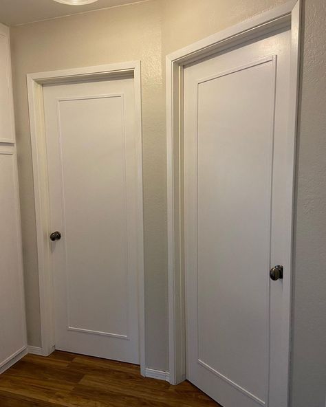 Kat Chersicla | Easiest interior door upgrade last weekend- we added some trim to our simple interior slab doors to mimic the paneled door look, put on new… | Instagram Diy Panelled Door, Adding Paneling To Doors, Flat Interior Door Makeover, Diy Door Paneling, Flat Door Makeover Diy, Interior Door Upgrade, Flat Panel Door Makeover, Diy Door Makeover, Water Heater Closet